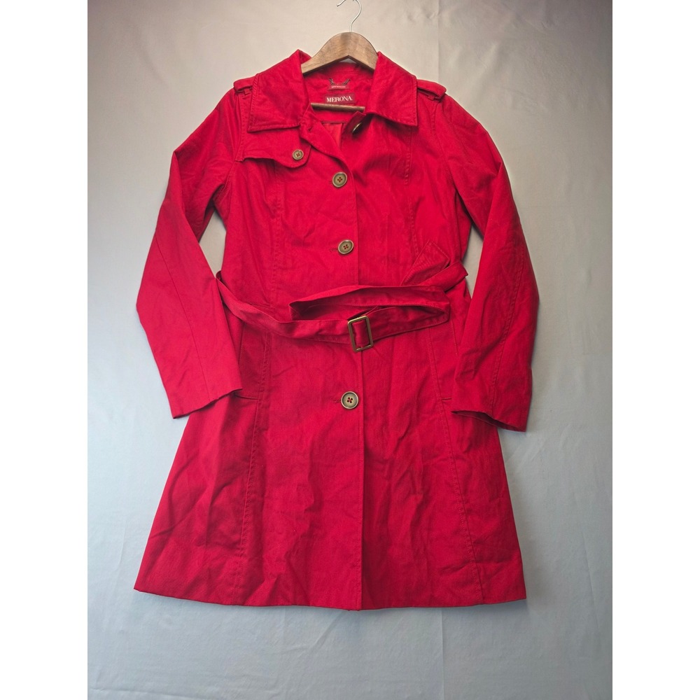 Merona Red Trench Coat Women Large Water Repellent Belted Double Breasted Jacket